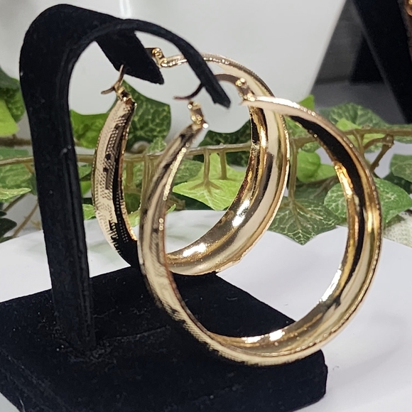 Gold Filled Wide Hoop Earrings with Greek Key Design - Picture 6 of 10